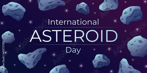 International world holiday Asteroid Day. Space background banner of the night starry sky with flying stone meteorites.
