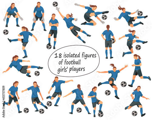 Team of girls playing women's football in blue T-shirts in various poses training, running, jumping, grabbing, kicking the ball, dribbling on a white background