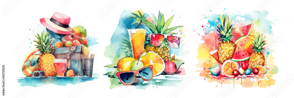 Watercolors composition summer things and fruit on white background
