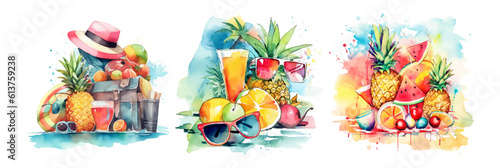 Watercolors composition summer things and fruit on white background