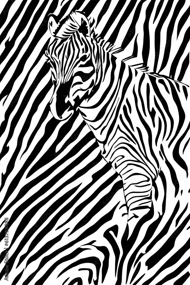 A black and white image of an abstract zebra set against a zebra stripe pattern. (AI-generated fictional illustration)
A black and white image of an abstract zebra set against a zebra stripe pattern. (AI-generated fictional illustration)