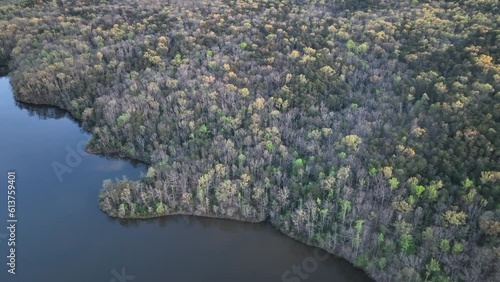 Aerial Chancellorsville Virginia lake campground fast. Rural community Spotsylvania County, Virginia, near Fredericksburg. American Civil War battleground. Summer recreation cabins and boats. photo