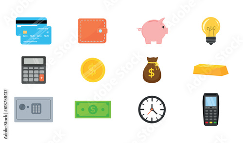 Business and finance icons set. Icons credit card, wallet, piggy bank, light bulb, calculator, coin and others