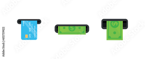 ATM dispenses or withdraws a bank card and money. Inserting a credit card and money into an ATM. Sending cash to an ATM