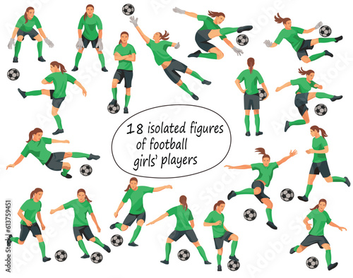 Vector isolated figures of girl s football players and goalkeepers team in green equipment in various poses and motion training and playing  running  jumping  grabbing  catching  kicking the ball