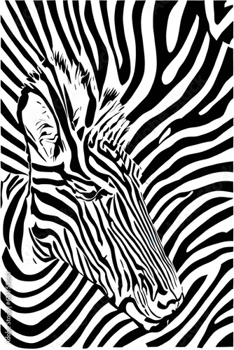 A black and white image of an abstract zebra set against a zebra stripe pattern.  AI-generated fictional illustration  