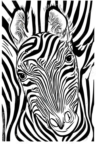 A black and white image of an abstract zebra set against a zebra stripe pattern. (AI-generated fictional illustration) 