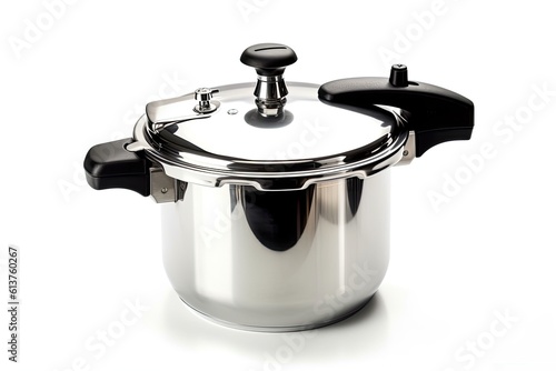 Stainless Steel Pressure Cooker with Secure Lid and Handle On White Background