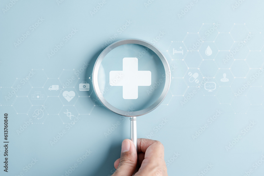 Health insurance concept. people magnifier holding plus and healthcare medical icon, health and access to welfare health concept. - obrazy, fototapety, plakaty 