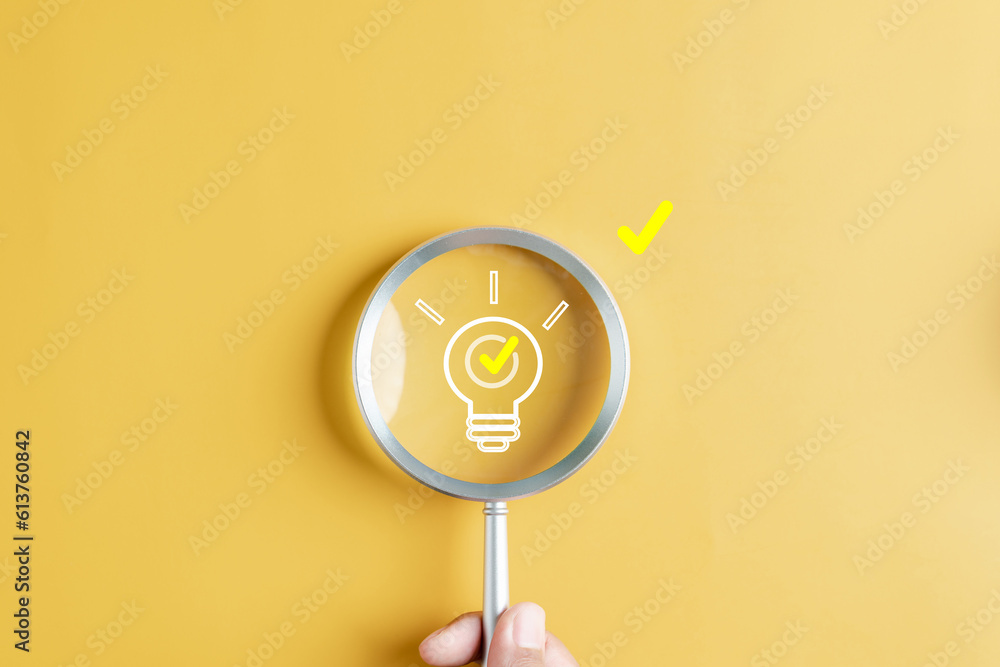 Quick tips for smart creative. light bulb and idea checking icon inside magnifier glass, working Creativity, Creative for new innovation with energy and power, growth and success development.. - obrazy, fototapety, plakaty 