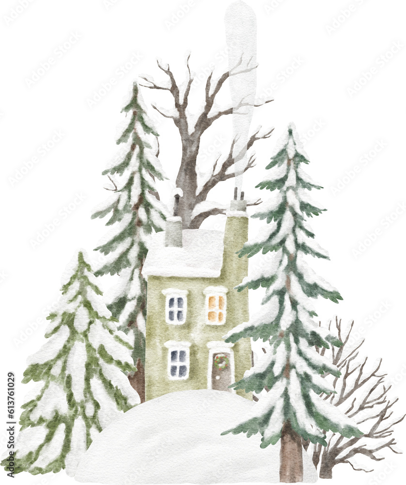 Winter house covered with snow watercolour illustration