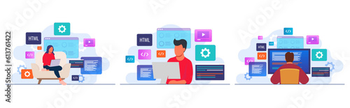 Set of programming and coding flat illustration vector templates, People working as programmer, Writing code using laptop and computer, Website developer, Coding software elements on background 