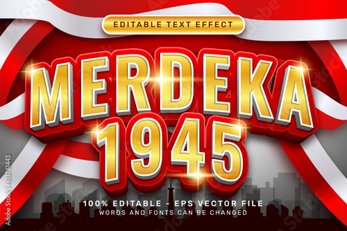 merdeka 1945 3d text effect and editable text effect with Indonesian red and white flag