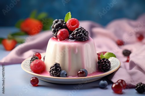 Delicious creamy panacotta with smudges decorated with blackberries, strawberries, raspberries and blueberries on a studio blurred background. Generative AI professional photo imitation.