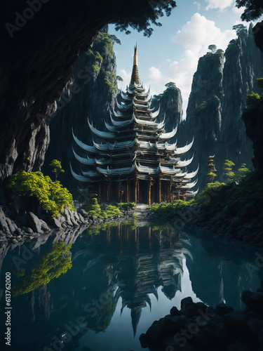 A beautiful white temple is nestled in the natural surroundings of a valley and a stream.