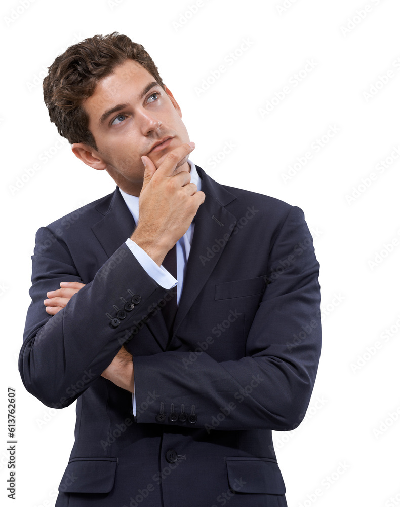 Thinking, idea and confused with business man on transparent background for news, question and decision. Choice, planning and doubt with employee isolated on png for solution, strategy and wondering Thinking, idea and confused with business man on transparent background for news, question and decision. Choice, planning and doubt with employee isolated on png for solution, strategy and wondering