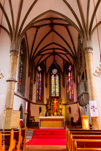 Interior of Vaduz Cathedral, or Cathedral of St. Florin is a neo-Gothic church in Vaduz, Liechtenstein