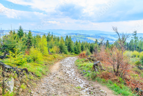 View of the peaks of Beskid Sądecki from the tourist trail near Obidza on a spring sunny day