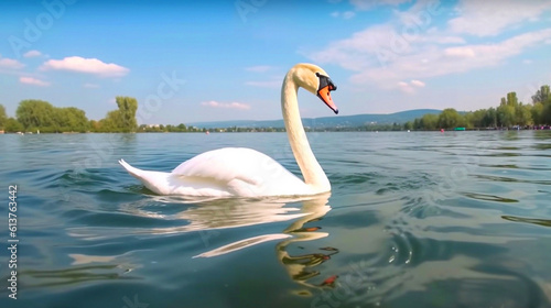 Fototapeta Naklejka Na Ścianę i Meble -  swan on blue lake water in morning sunlight. AI Generative Image