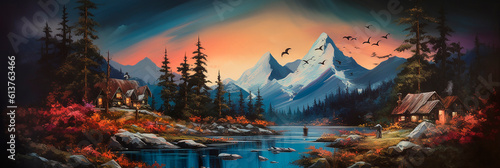 drawing, painting of natural scene with lake, forest, mountains, animals, stars in the night, romantic landscape © epiximages