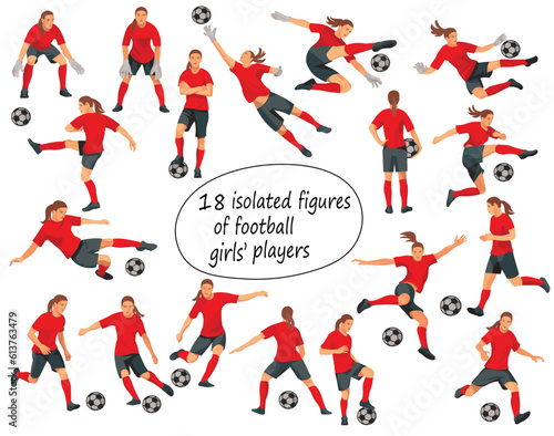 18 girl figures of women's football players and goalkeepers in red uniforms standing in the goal, running, hitting the ball, jumping
