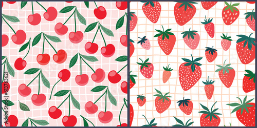Summer collection with seamless patterns, fresh cute cherries and strawberries wallpaper