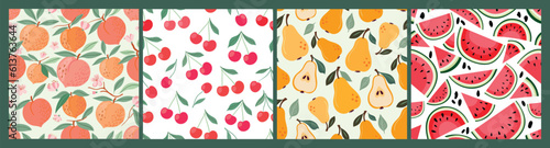 Summer collection with fruits seamless patterns, decorative wallpaper, seasonal  fresh fruits backgrounds