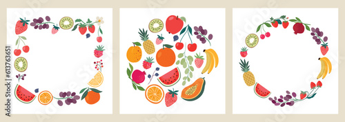 Obraz na płótnie Summer decorative collection with fresh fruits frames, wreath, vector design, el