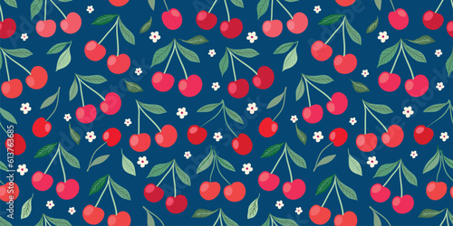 Cherries seamless pattern, summer fresh fruits wallpaper, decorative background, vector design