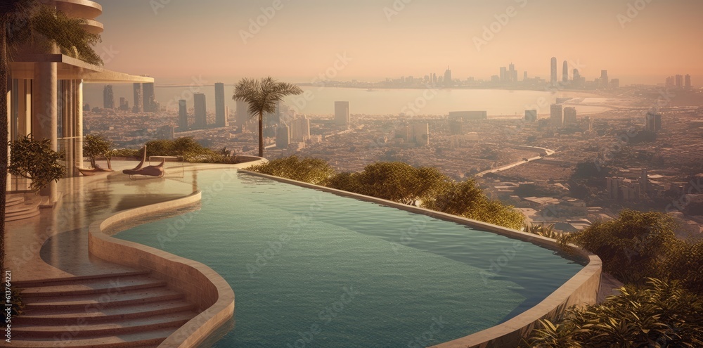 Luxury swimming pool in Dubai Marina, United Arab Emirates.