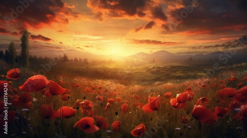 Beautiful sunset over a field of red poppies.