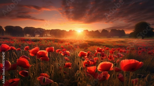 Field of poppies at sunrise. Dramatic sky. Beauty world.