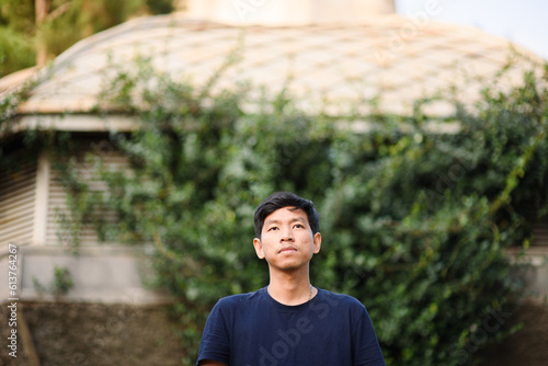 Portrait Asian man Blue clothes city street