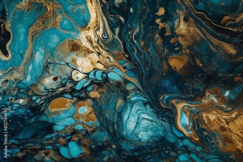 Marbled blue abstract background with golden sequins. Liquid marble ink pattern