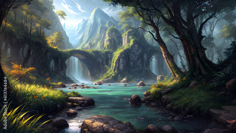 3D Concept Background. Realistic Fantasy Environment Game Concept For Background