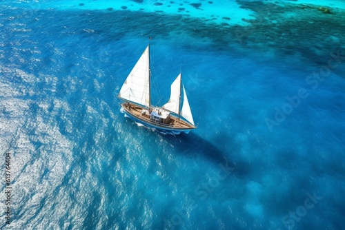Aerial view of luxury yacht sailing in turquoise sea water