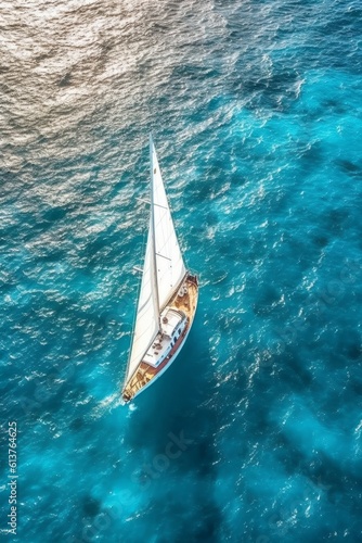 Aerial view of sailboat sailing in turquoise sea. © Angus.YW