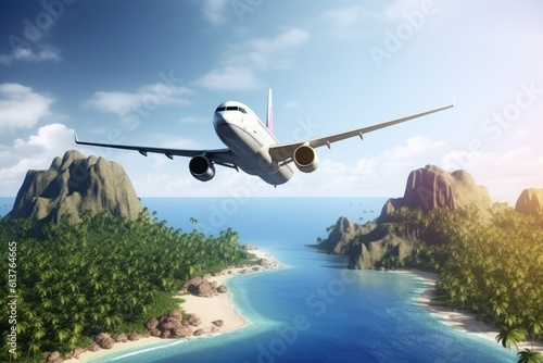 Airplane flying over a tropical island with palm trees. 3d rendering