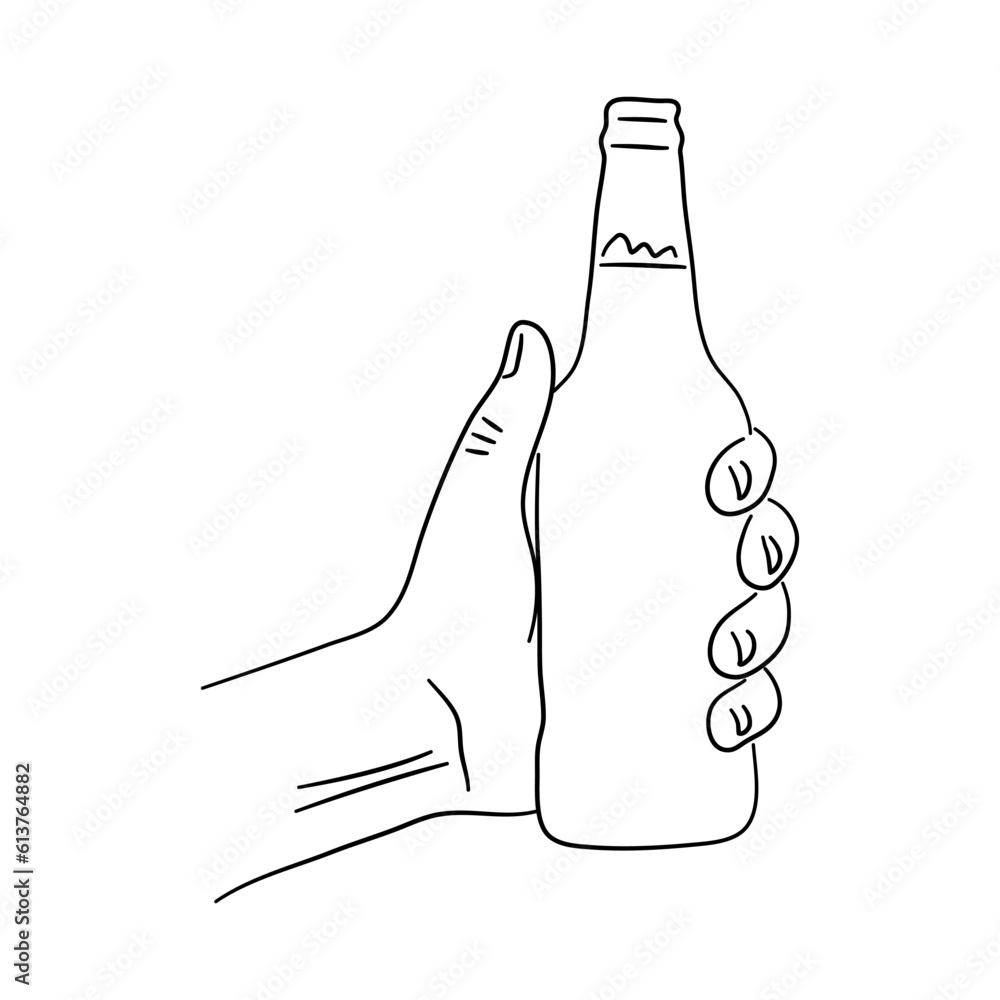 Hand drawn illustration of a hand holding a bottle beer. Vector isolated on a white background. Hand drawn illustration of a hand holding a bottle beer. Vector isolated on a white background.