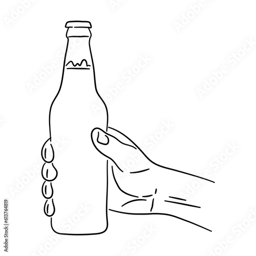 Hand holding a bottle beer in hand drawn design. Oktoberfest symbol. Vector.
