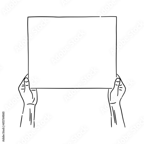 Blank poster in hands sketch. Vector Illustration.