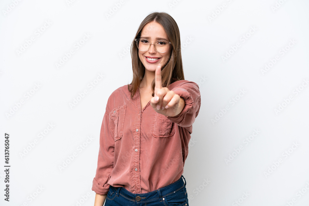 Young pretty caucasian woman isolated on white background showing and lifting a finger Young pretty caucasian woman isolated on white background showing and lifting a finger