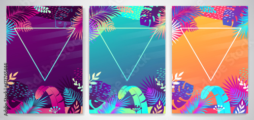 Set of colorful gradient summer banners with fluorescent tropic leaves. Summertime template collection. Vector illustration