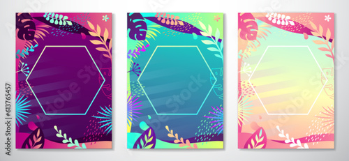 Set of colorful gradient summer banners with fluorescent tropic leaves. Summertime template collection. Vector illustration