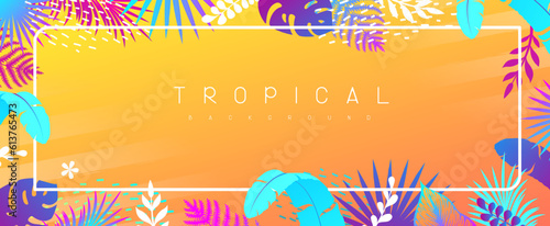 Colorful gradient summer background with fluorescent tropic leaves. Summertime template. Vector illustration