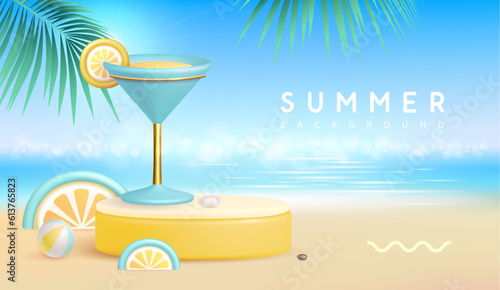 Summer beach background with 3d stage and cocktail blue lagoon. Colorful summer scene. Vector illustration