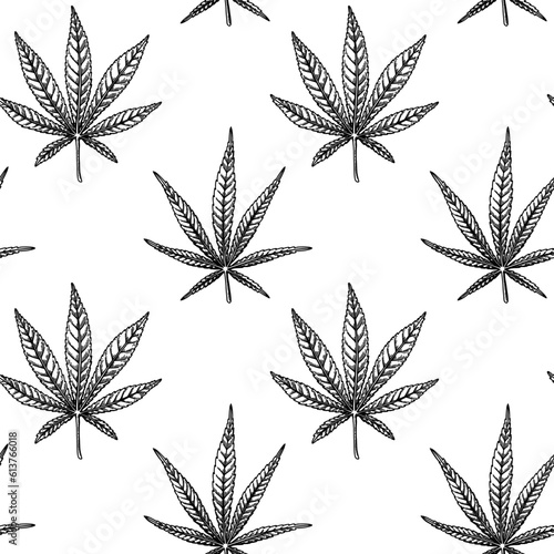 Marijuana leaves seamless pattern. Cannabis hand drawn vintage background. Vector illustration in sketch style. Weed engraving design