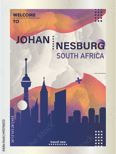 South Africa Johannesburg city abstract poster with skyline landscape and landmarks. Travel african vector modern illustration