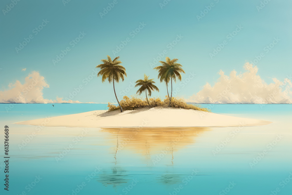 Small tropical sandy island with palm trees surrounded by the blue waters of the ocean. A bright blue summer sunny sky. Creative concept of summer. Generative AI 3d render illustration imitation.