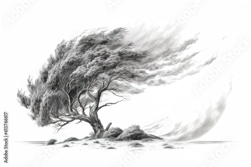 drawing tree in strong wind isolated on white background. AI generated.